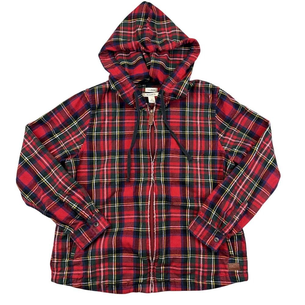 L.L. Bean Jacket‎ Womens Medium Petite Red Plaid Flannel Hooded Full Zip Warm